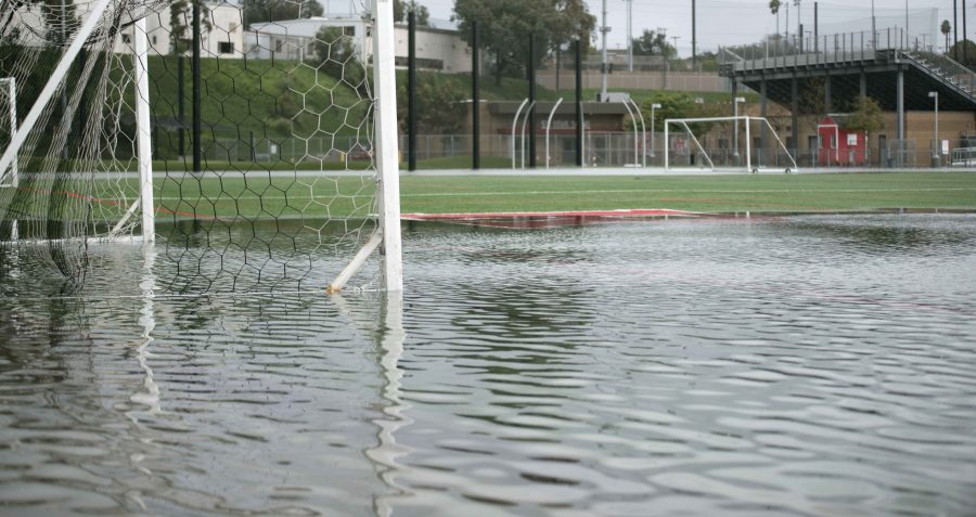 The soccer field experienced severe flooding last week. 