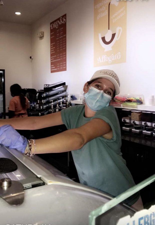 Wasden is in uniform at Paciugo Gelato. All employees are required to wear masks and gloves when serving customers. PHOTO COURTESY OF VANESSA WASDEN