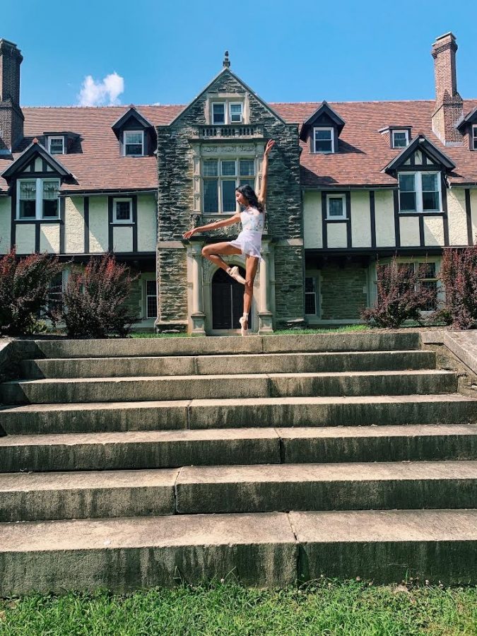 Alisha Kumar has danced competitively for most of her life. Here, she is dancing in front of the campus of Cabrini University in Wayne, Pa., where she practiced during a summer intensive in 2019. PHOTO COURTESY OF ALISHA KUMAR.