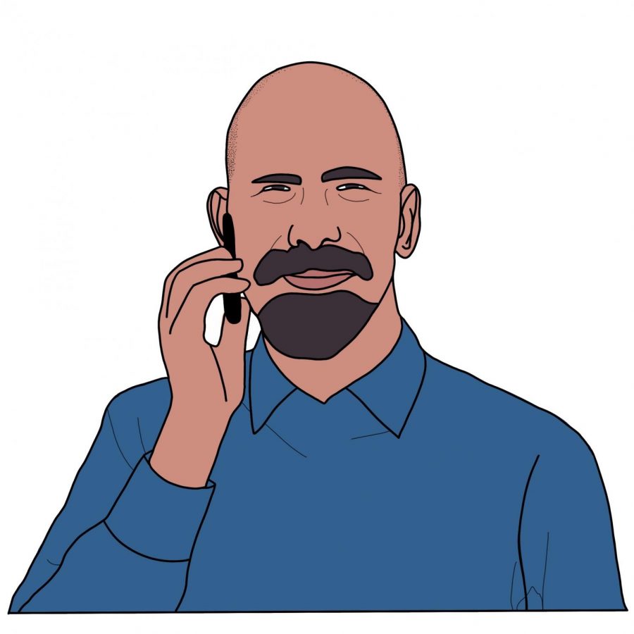 Counselor Arond Schonberg talks on the phone with his students. Illustration by Carly Carter
