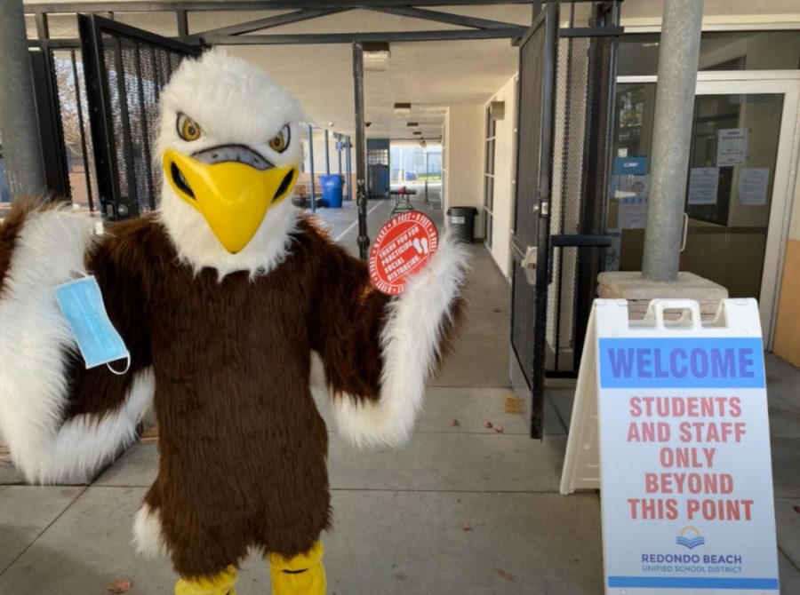 Adams Middle Schools mascot, Steve the Eagle, welcomes students back. Photo via Adams 6th Grade Return Presentation on Youtube