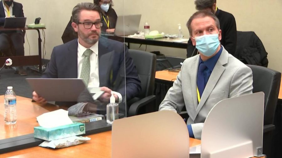 Derek Chauvin and his lawyer during closing statements.
Still image, via Court TV